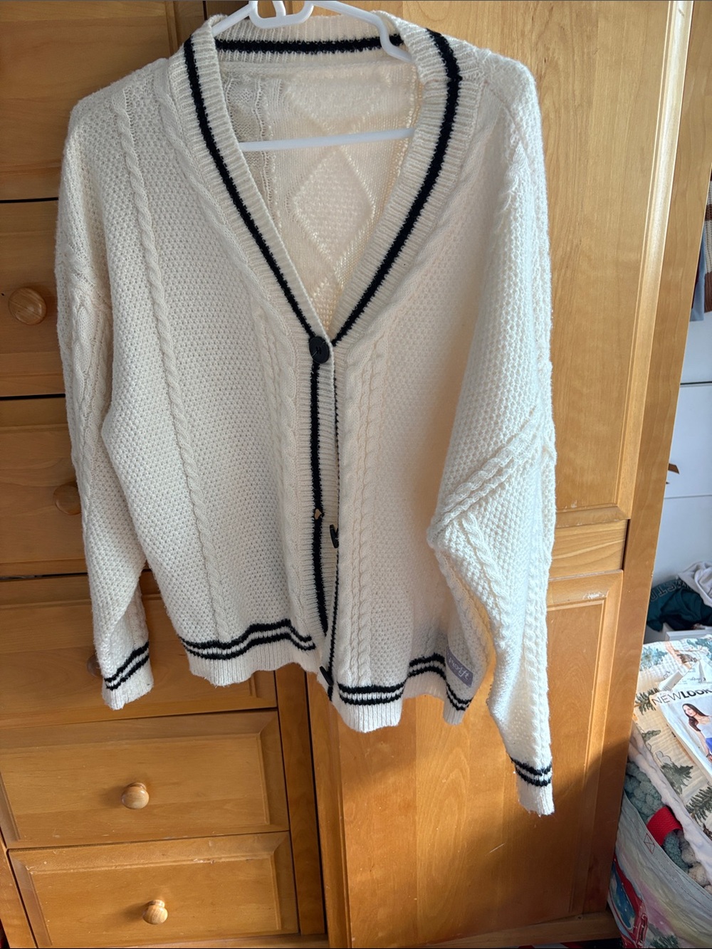 Taylor Swift Cream Knit Cardigan with Black Trim